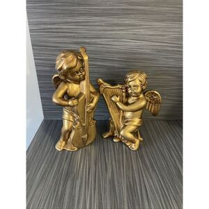 Angel Gold Christmas Cherub Vintage Pair Violin Harp 8" Hanging Decor @J